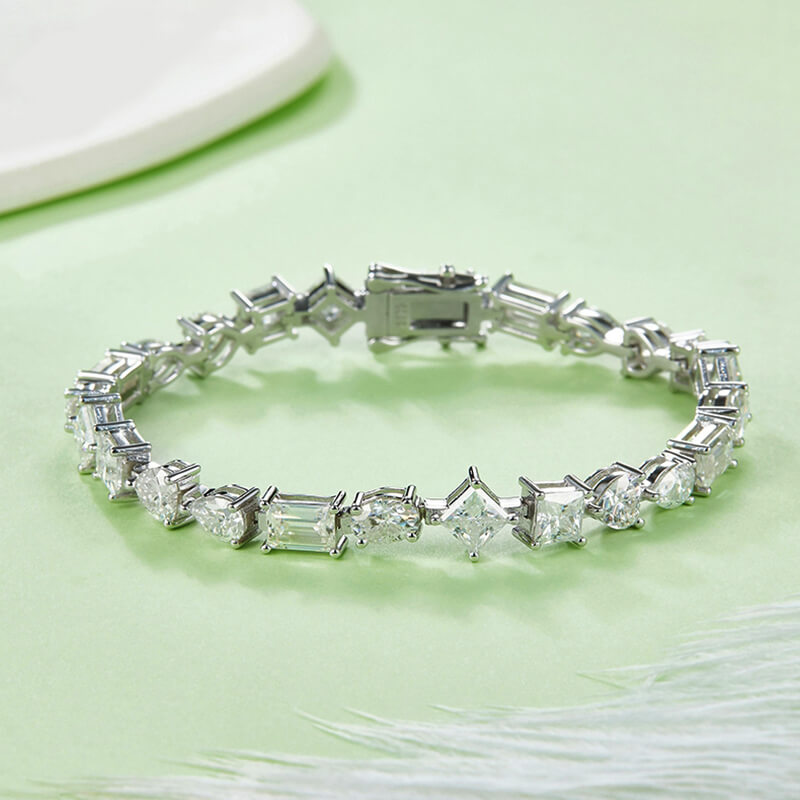 Alternating Pear Heart Oval Emerald-Cut Moissanite Tennis Sterling Silver Bracelet