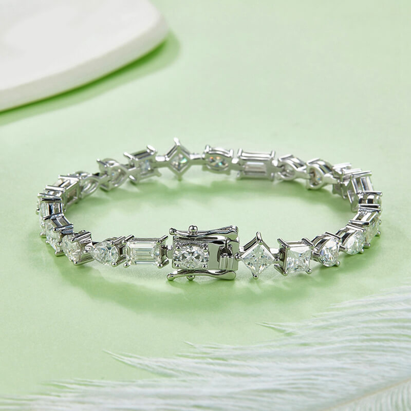 Alternating Pear Heart Oval Emerald-Cut Moissanite Tennis Sterling Silver Bracelet