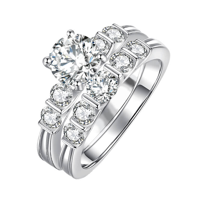 Bar Set Moissanite Accents Bridal Engagement Ring Set