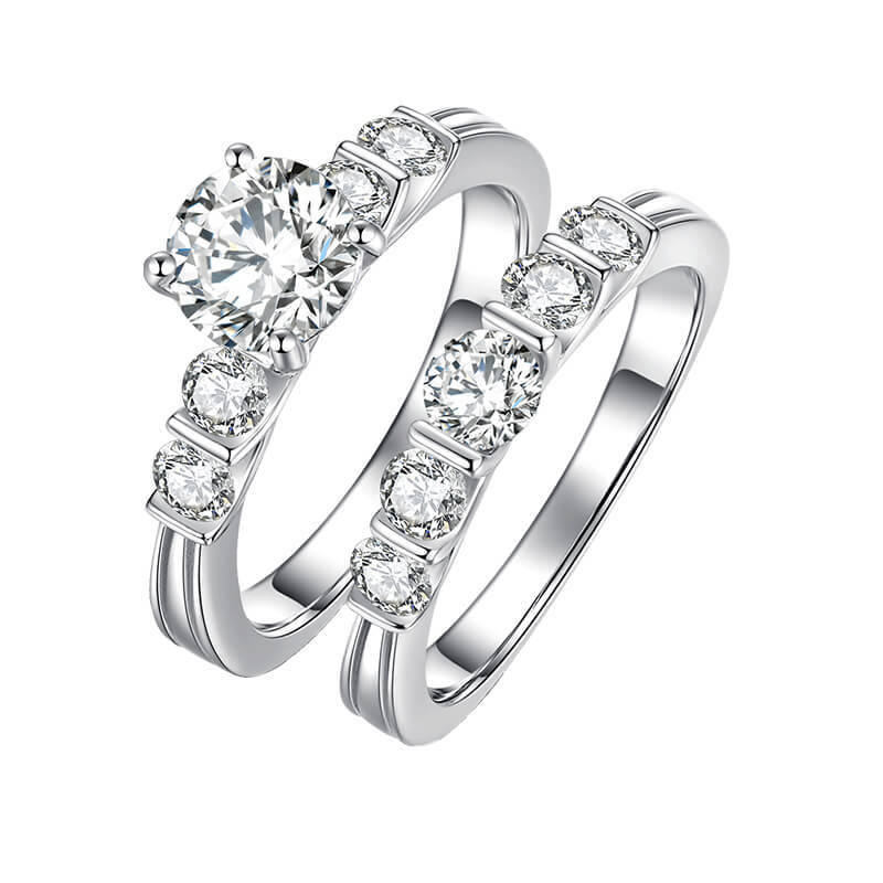 Bar Set Moissanite Accents Bridal Engagement Ring Set