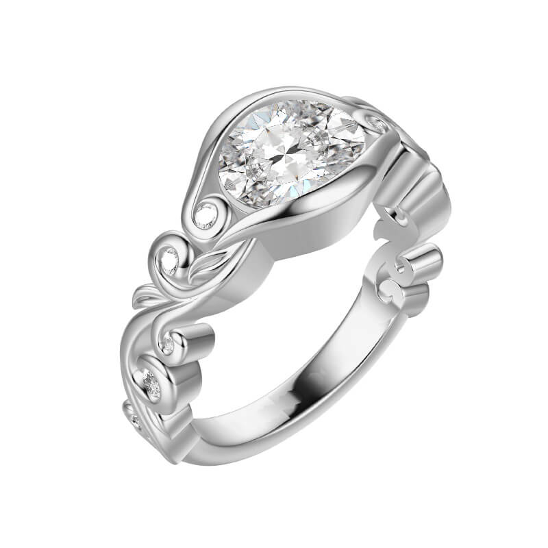 Bezel Set Oval Moissanite Scroll Accents Engagement Ring