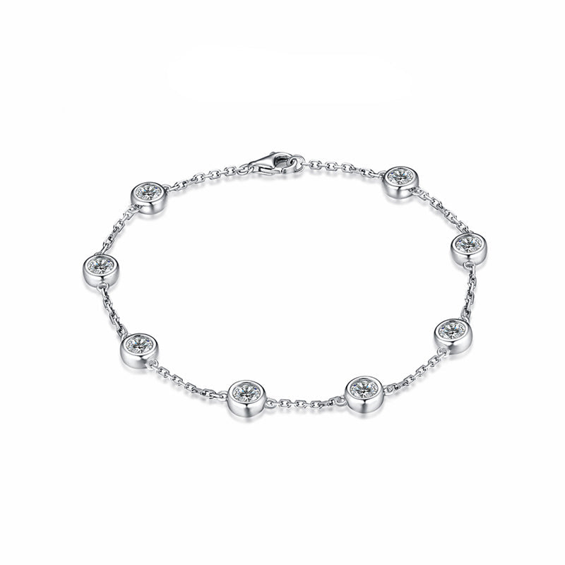 Bezel Set Round Moissanite Evenly Spaced Sterling Silver Bracelet