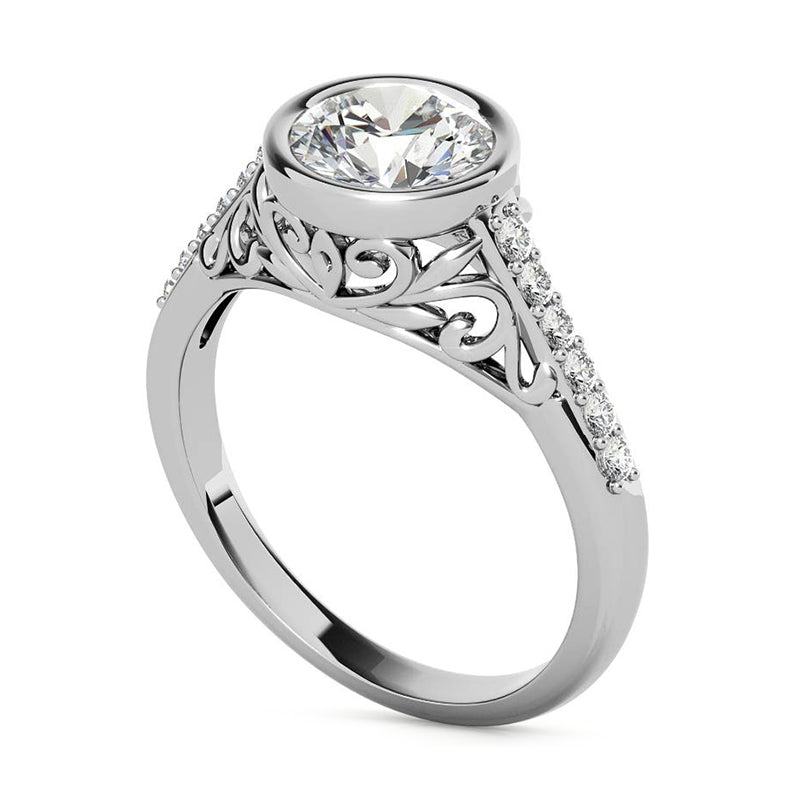 Bezel Set Round Moissanite Pave Engagement Ring