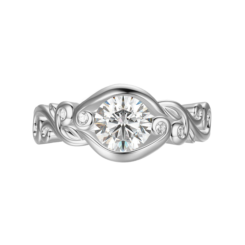 Bezel Set Round Moissanite Scroll Accents Engagement Ring