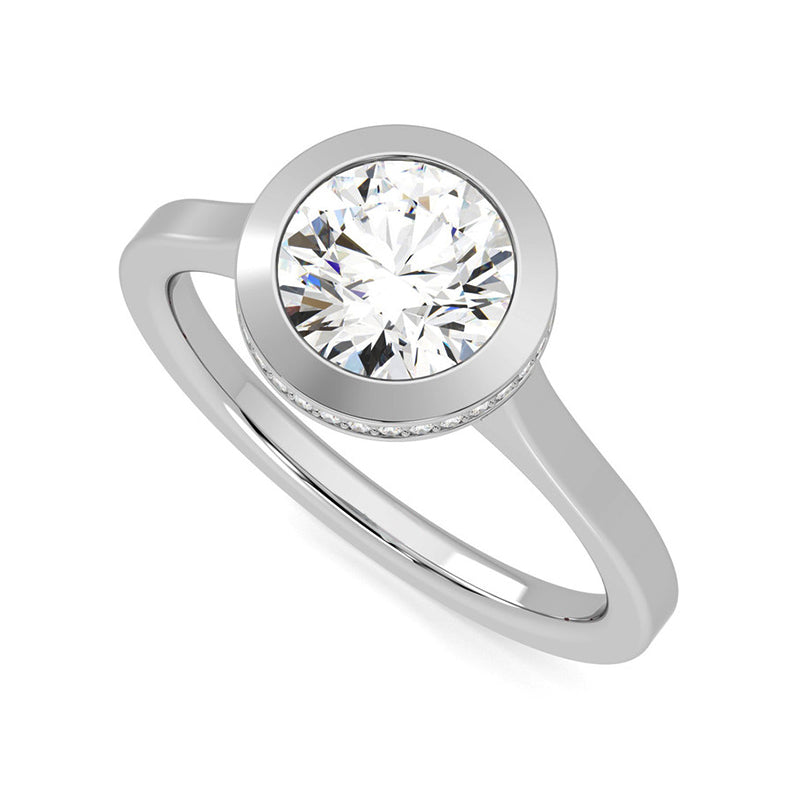 Bezel Set Solitaire Round Moissanite Hidden Halo Engagement Ring