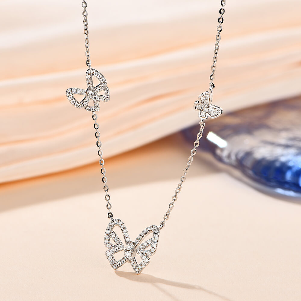 Butterfly Round Moissanite Pave Sterling Silver Necklace