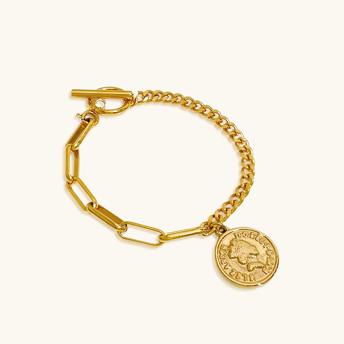 Coin Contrast Chain Pendant Bracelet - Gold