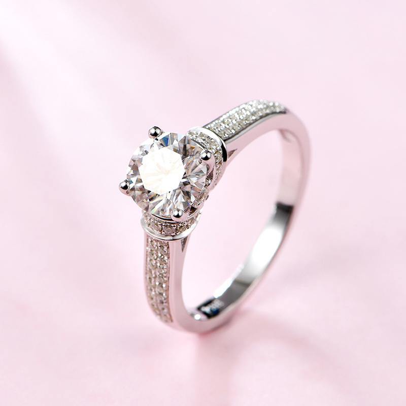 Round Moissanite Four Prong Side Stone Promise Engagement Ring