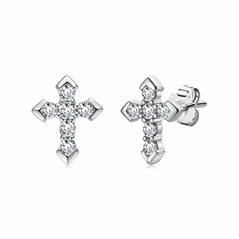 Cross Moissanite Stud Earrings In Sterling Silver