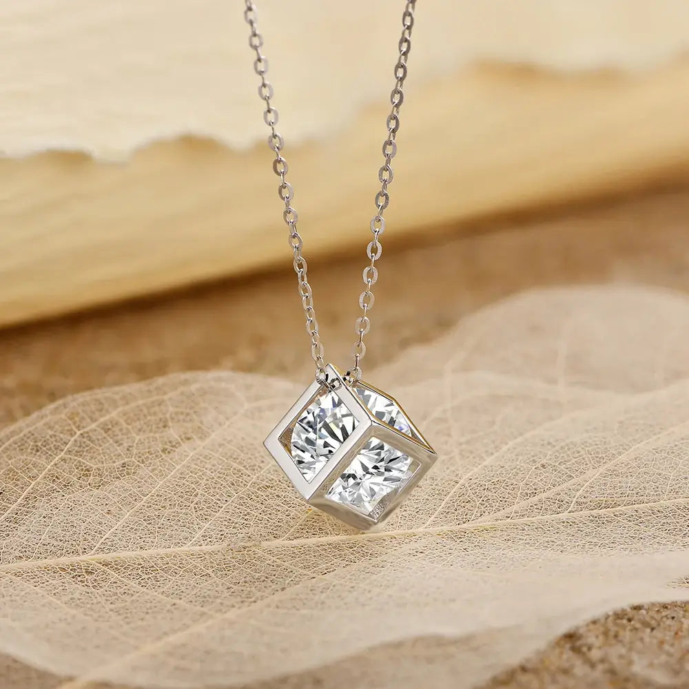 Cube Wrapped Solitaire Moissanite Necklace In Sterling Silver