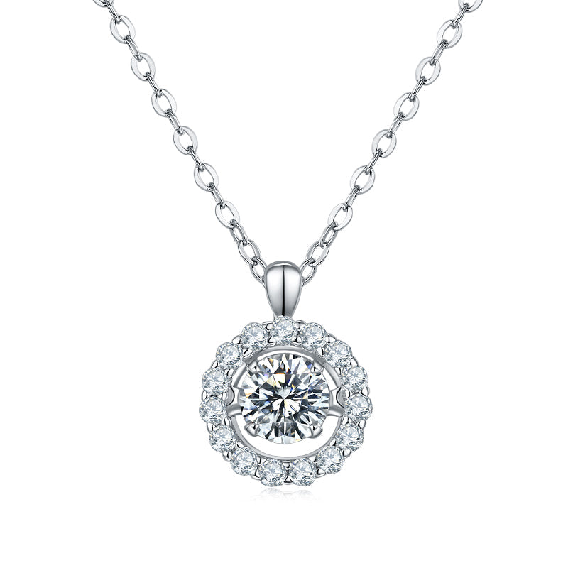 Dancing Moissanite Around You Halo Necklace in Sterling Silver