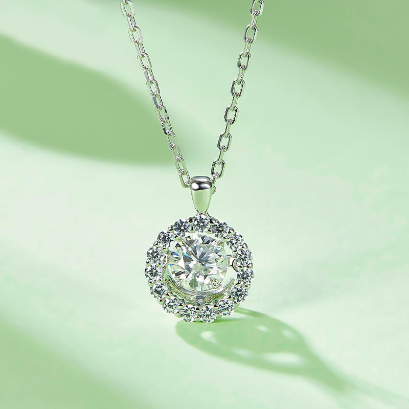 Dancing Moissanite Around You Halo Necklace in Sterling Silver