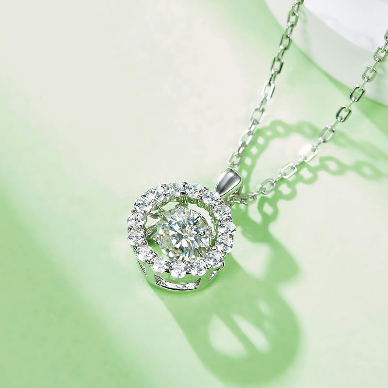 Dancing Moissanite Around You Halo Necklace in Sterling Silver