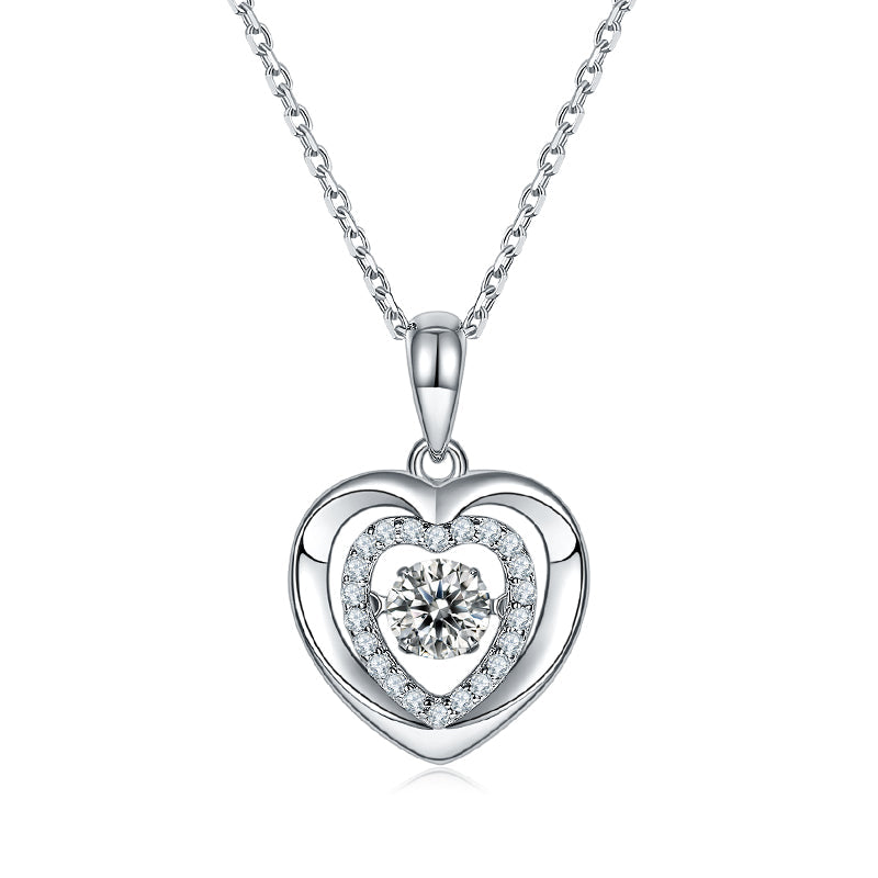 Dancing Moissanite Double Heart Necklace in Sterling Silver