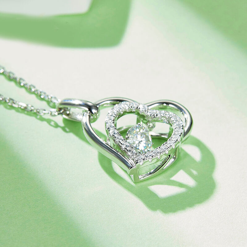 Dancing Moissanite Double Heart Pave Necklace in Sterling Silver