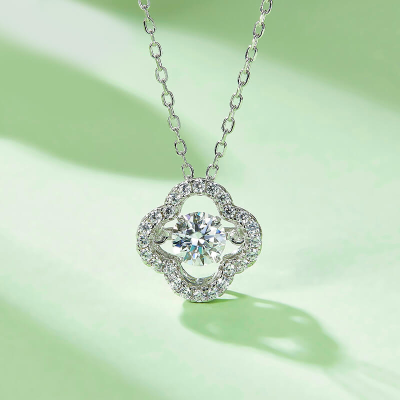 Dancing Moissanite Four Leaf Clover Pave Necklace in Sterling Silver