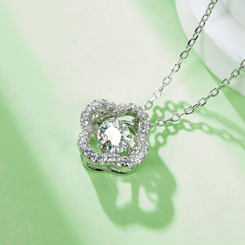 Dancing Moissanite Four Leaf Clover Pave Necklace in Sterling Silver