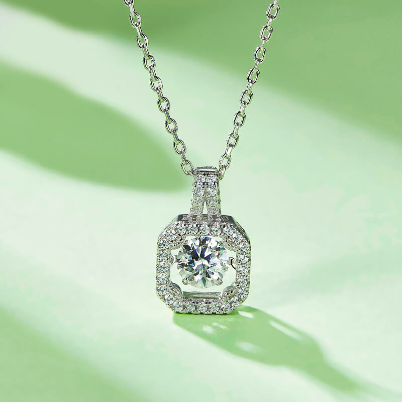 Dancing Moissanite Square-Shaped Halo Necklace in Sterling Silver