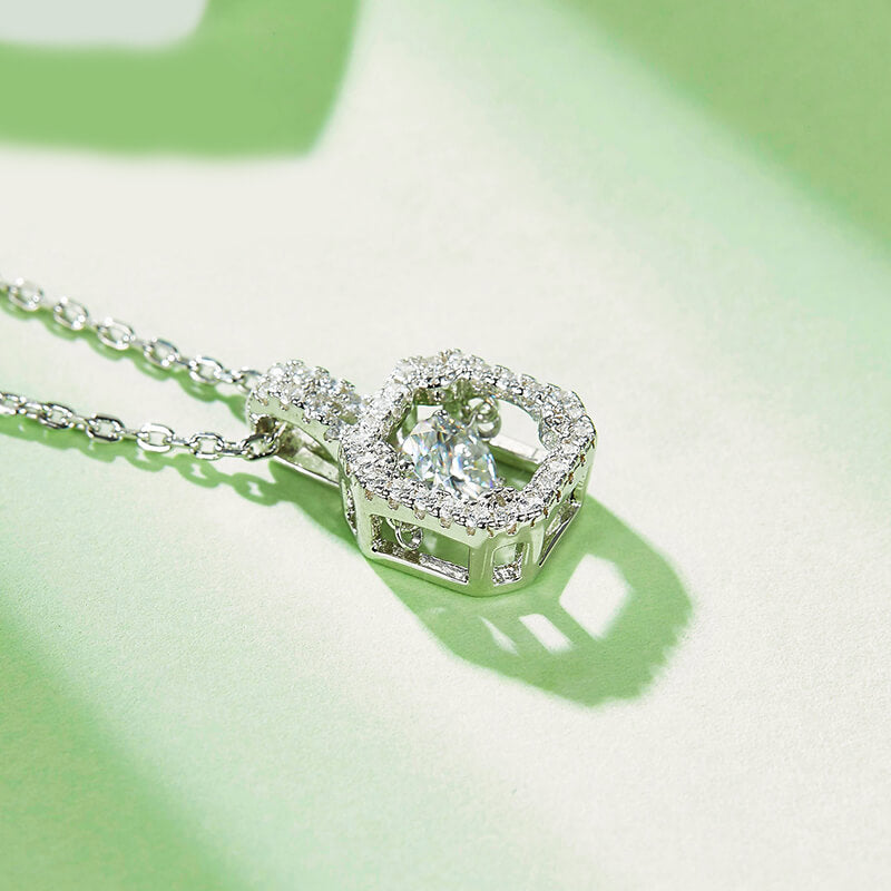 Dancing Moissanite Square-Shaped Halo Necklace in Sterling Silver