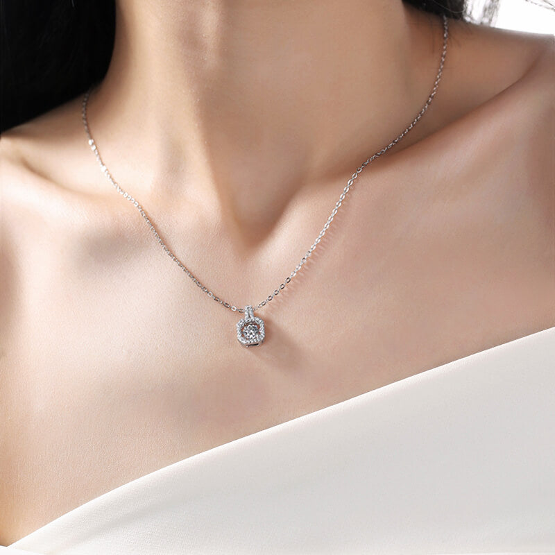 Dancing Moissanite Square-Shaped Halo Necklace in Sterling Silver