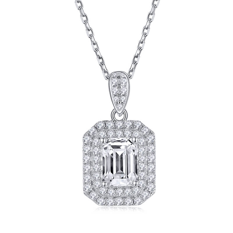 Double Halo Emerald-Cut Moissanite Pendant Necklace