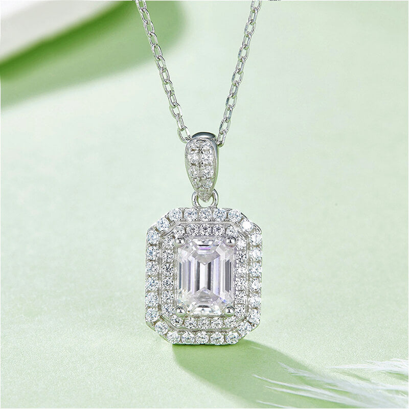 Double Halo Emerald-Cut Moissanite Pendant Necklace