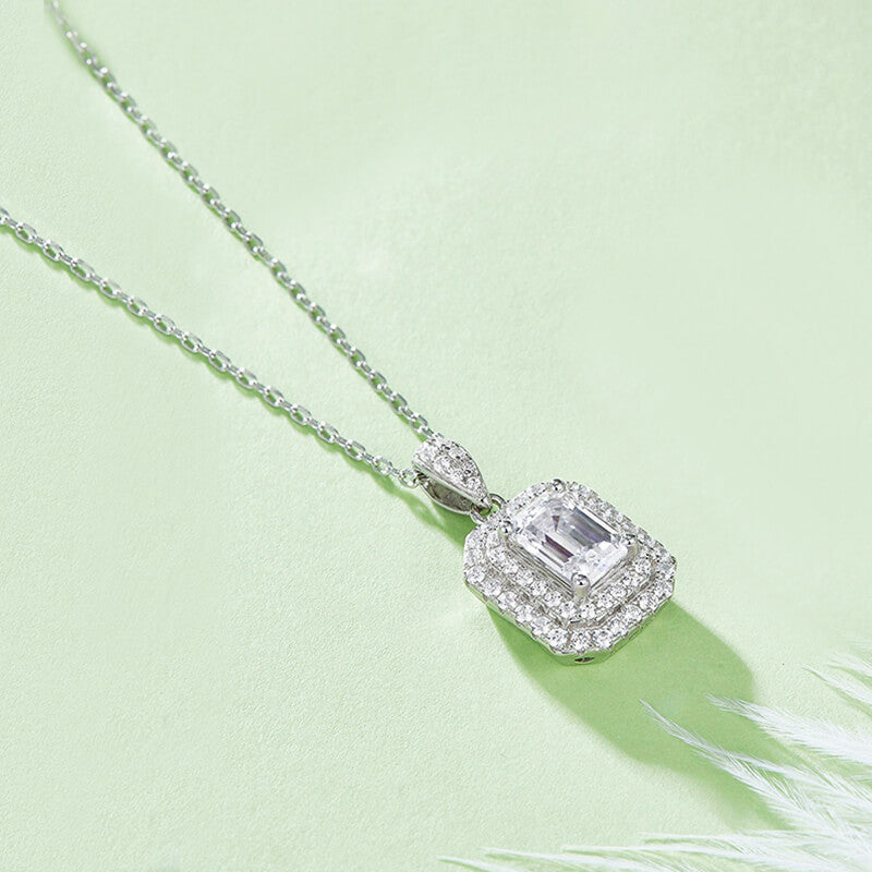 Double Halo Emerald-Cut Moissanite Pendant Necklace