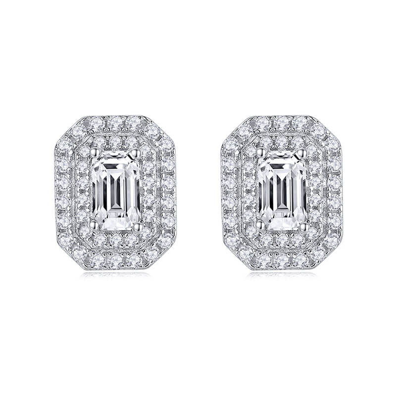 Double Halo Emerald-Cut Moissanite Stud Earrings In Sterling Silver