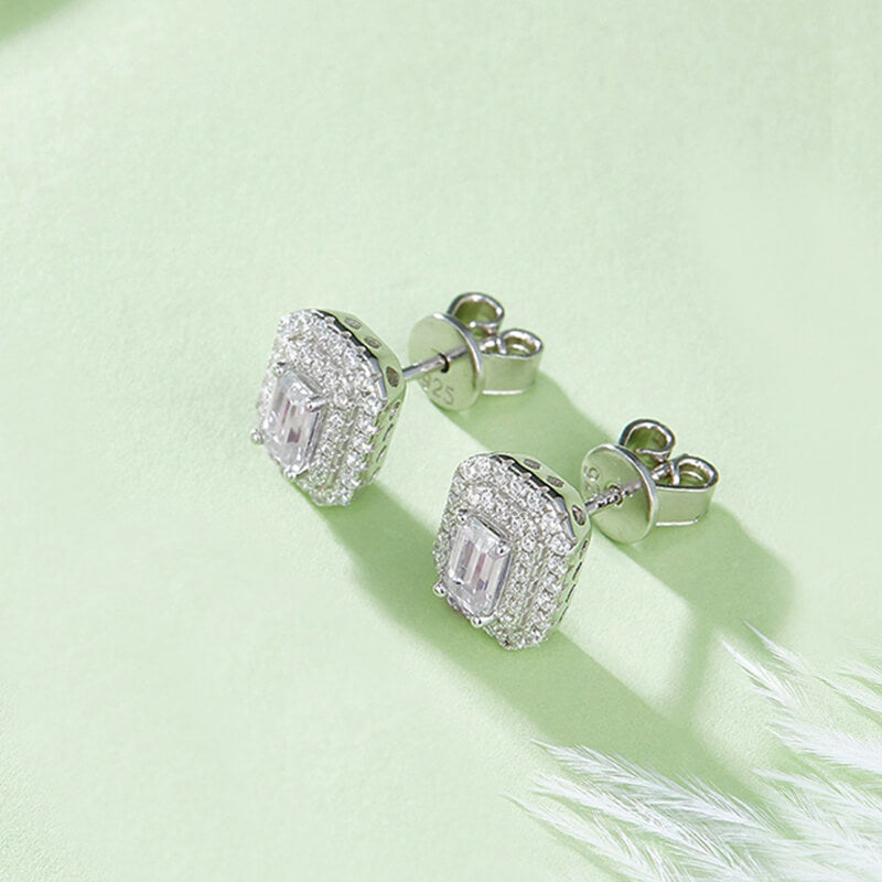 Double Halo Emerald-Cut Moissanite Stud Earrings In Sterling Silver