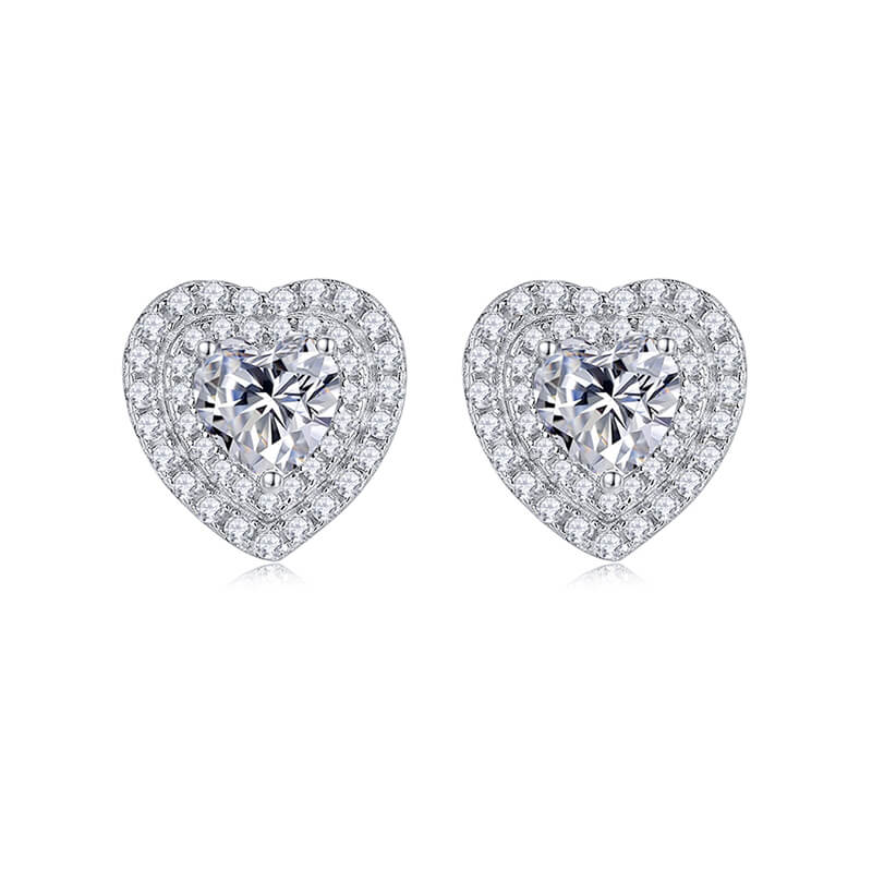 Double Halo Heart Moissanite Stud Earrings In Sterling Silver