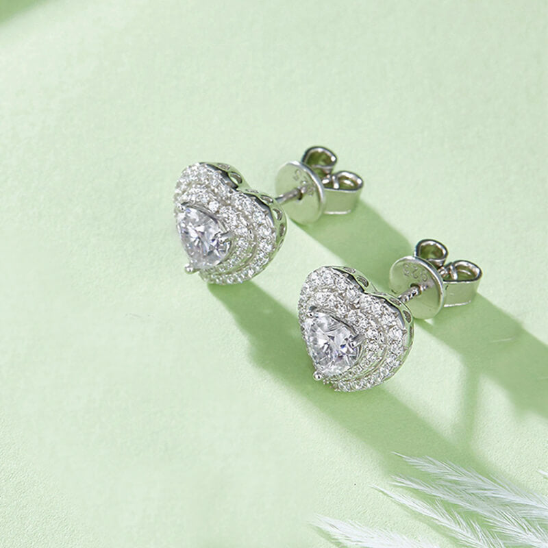 Double Halo Heart Moissanite Stud Earrings In Sterling Silver