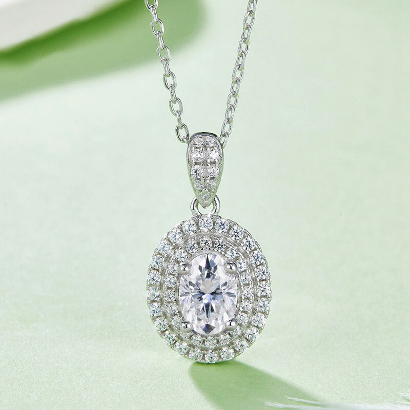 Double Halo Oval Moissanite Pendant Necklace