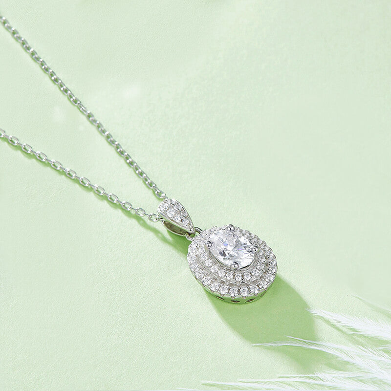 Double Halo Oval Moissanite Pendant Necklace