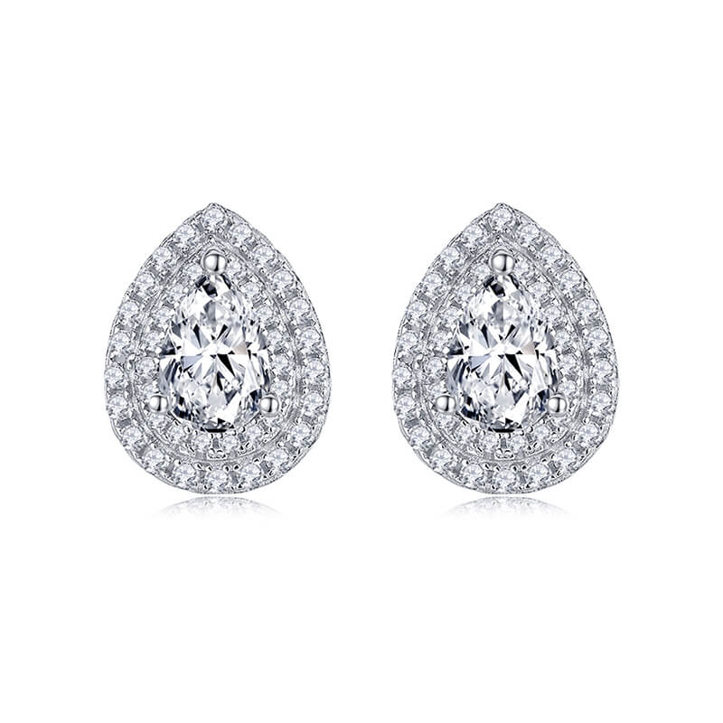 Double Halo Pear Cut Moissanite Stud Earrings In Sterling Silver