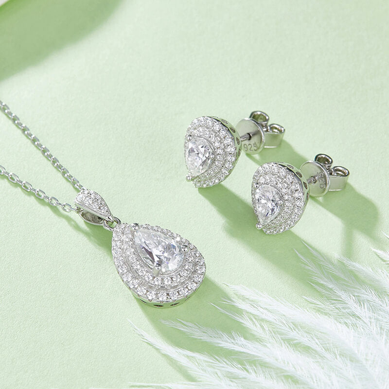 Double Halo Pear Moissanite Pendant Necklace