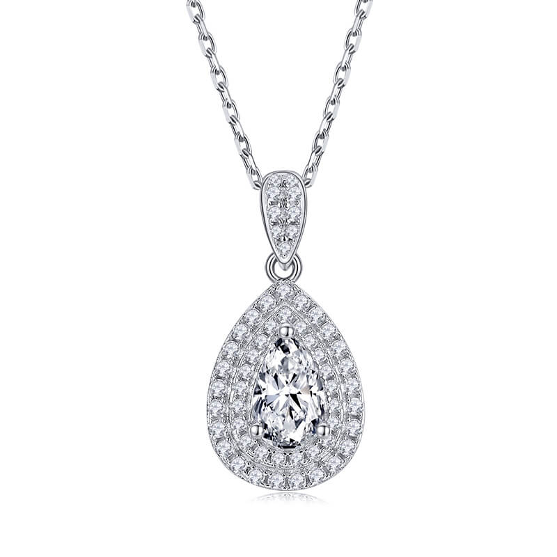 Double Halo Pear Moissanite Pendant Necklace