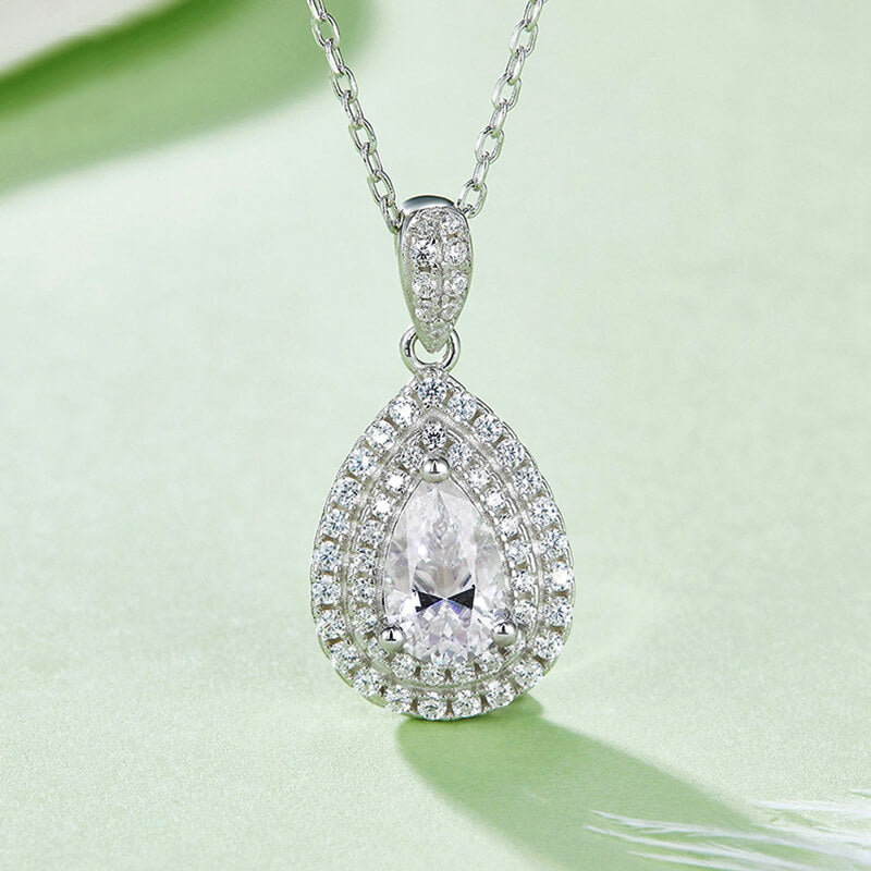 Double Halo Pear Moissanite Pendant Necklace