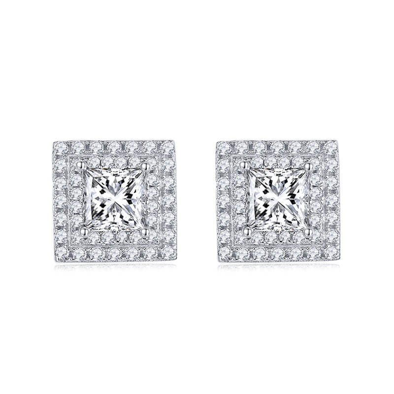 Double Halo Princess Cut Moissanite Stud Earrings In Sterling Silver