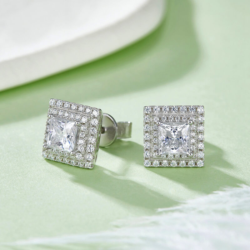 Double Halo Princess Cut Moissanite Stud Earrings In Sterling Silver