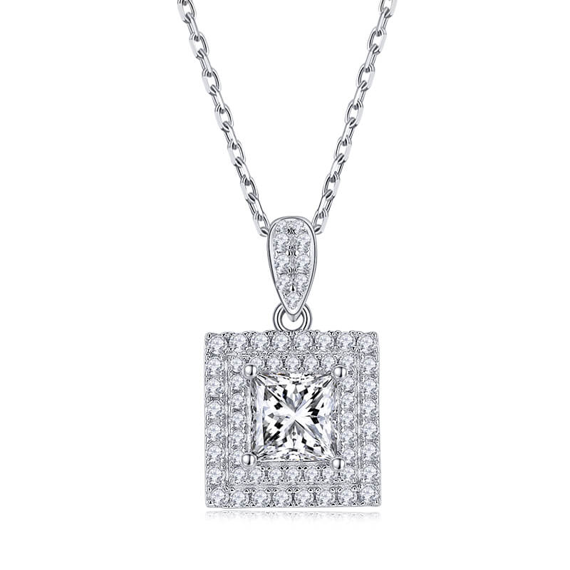 Double Halo Princess Moissanite Pendant Necklace