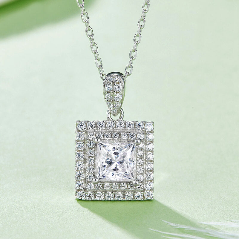 Double Halo Princess Moissanite Pendant Necklace