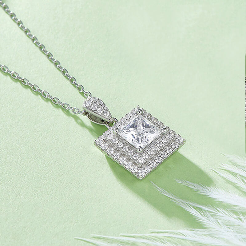 Double Halo Princess Moissanite Pendant Necklace