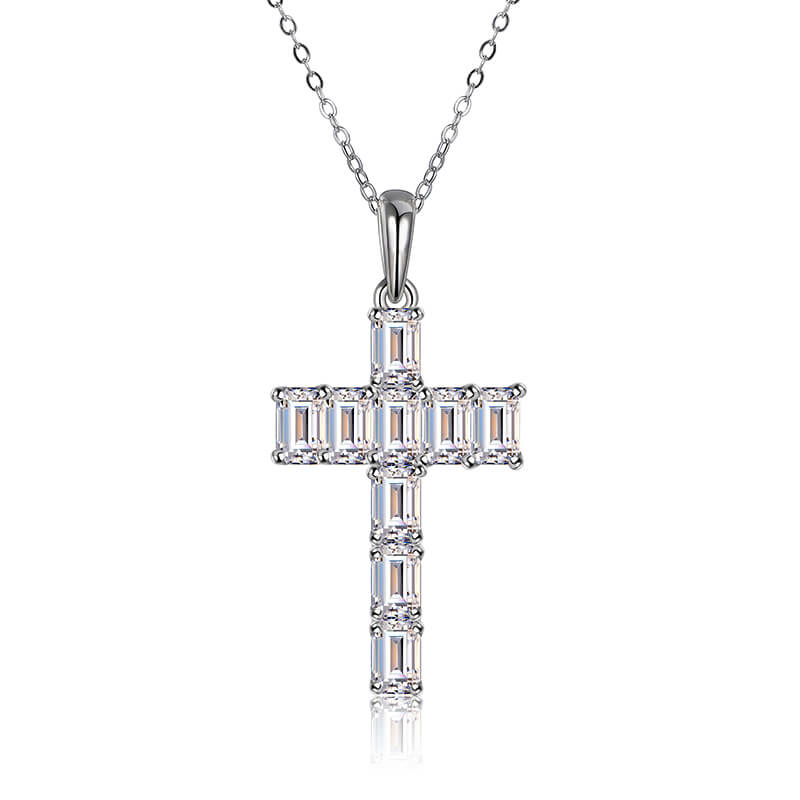 Emerald-Cut Moissanite Cross Pendant Necklace in Sterling Silver