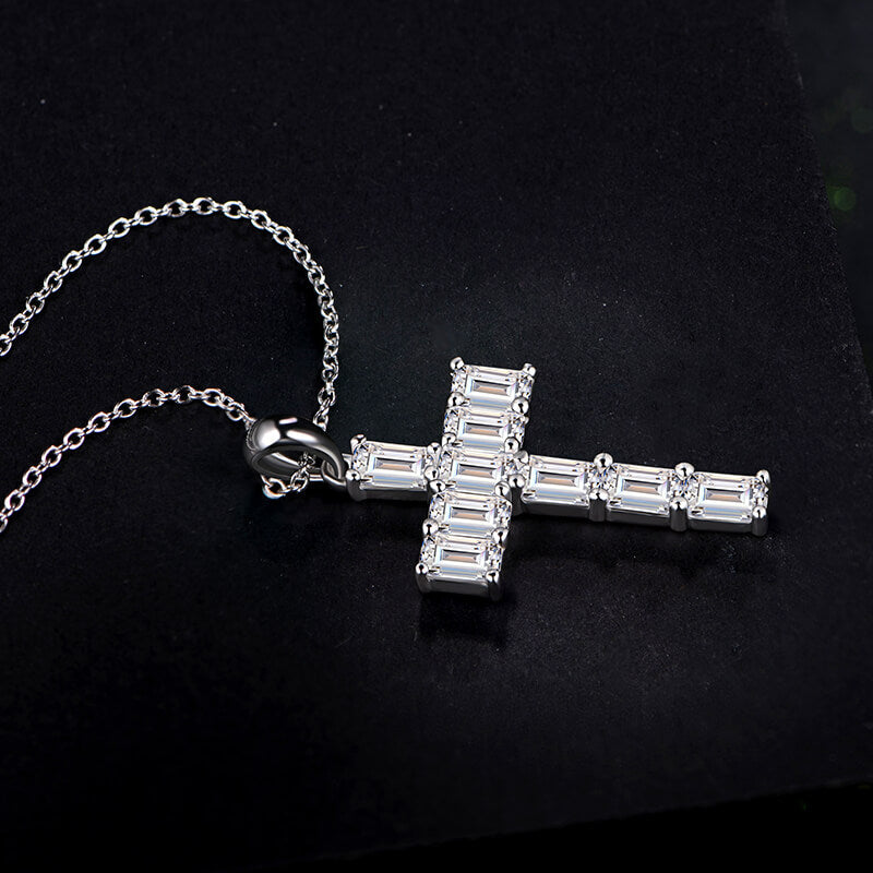 Emerald-Cut Moissanite Cross Pendant Necklace in Sterling Silver