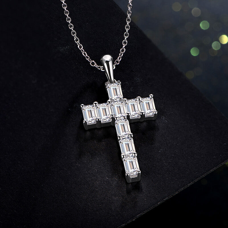 Emerald-Cut Moissanite Cross Pendant Necklace in Sterling Silver