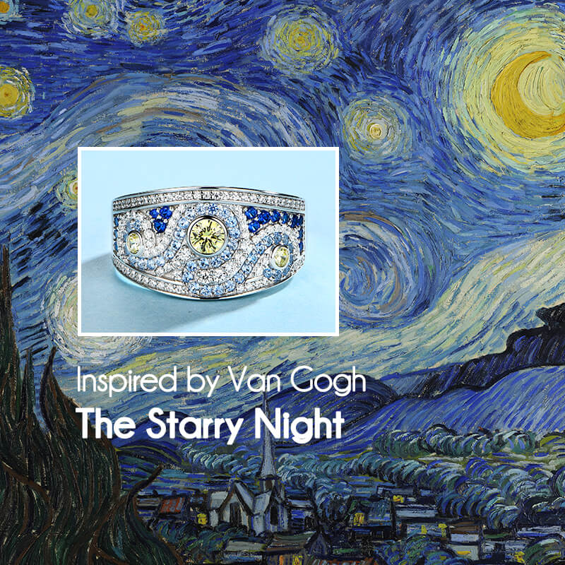 Famous Paintings "The Starry Night" Inspired Moissanite Engagement Ring