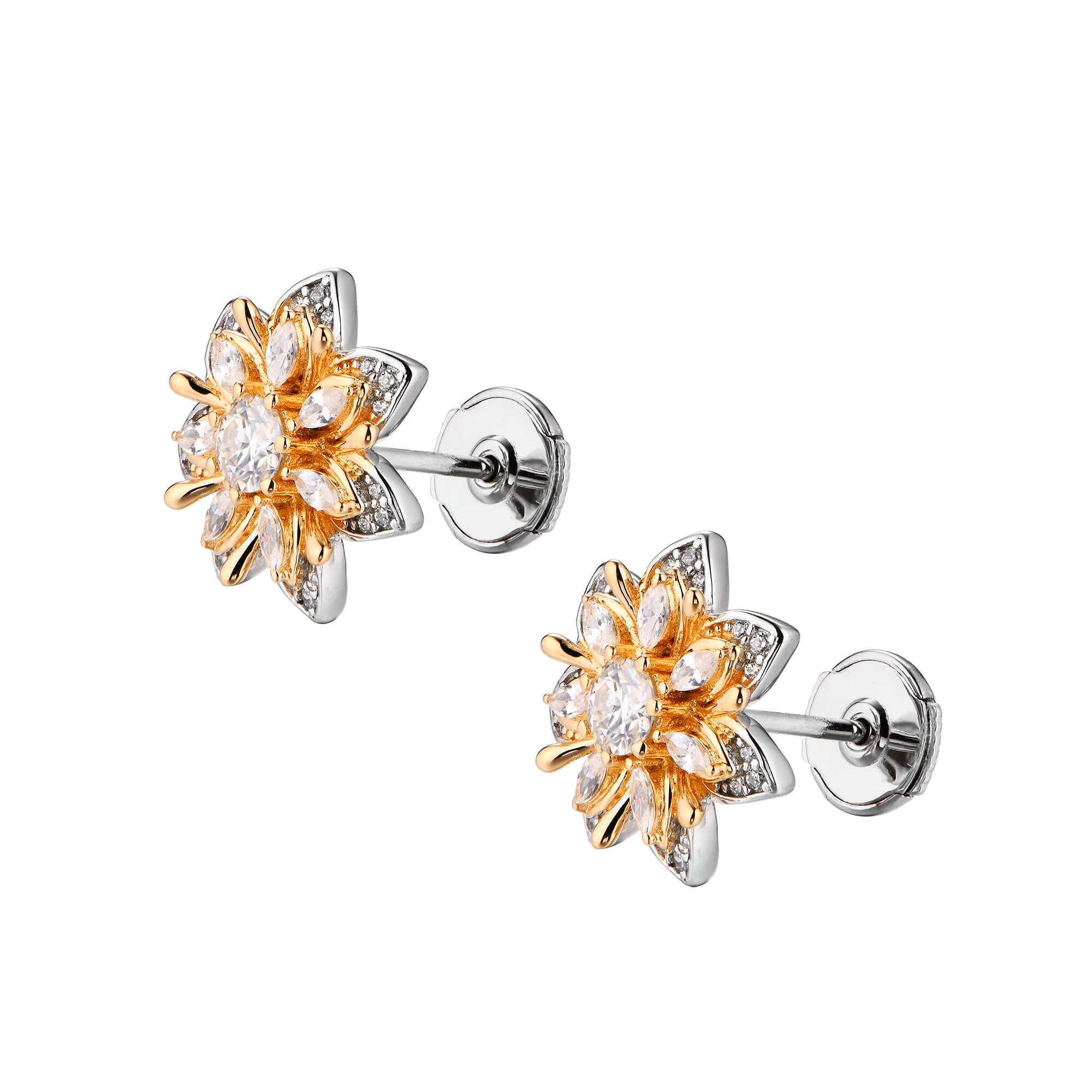 Flower Round Moissanite Stud Earrings In Sterling Silver