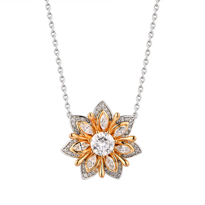 Flower Round Moissanite Two Tone Necklace In Sterling Silver