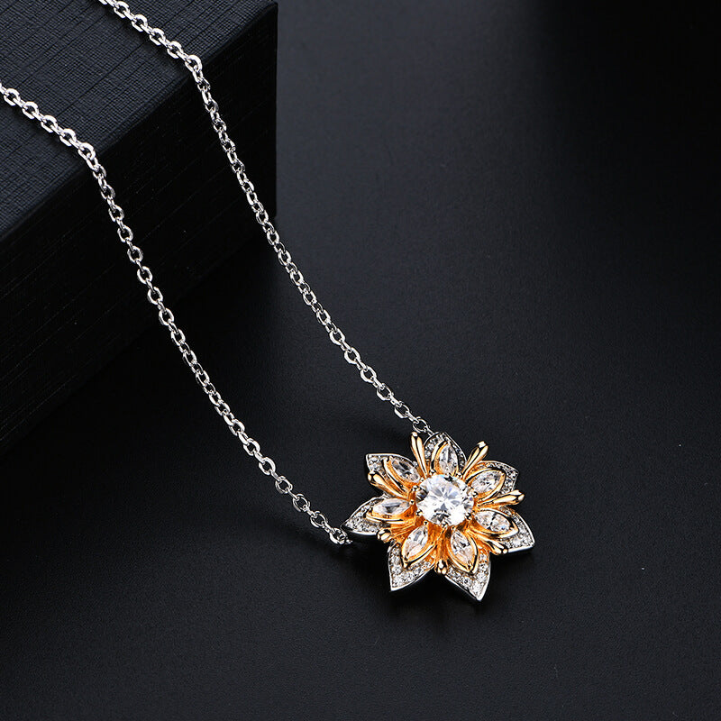 Flower Round Moissanite Two Tone Necklace In Sterling Silver
