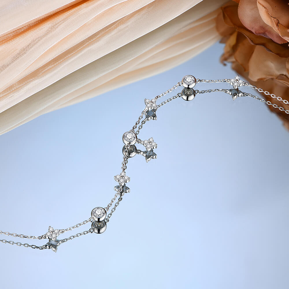 Four Leaf And Bezel Moissanite Evenly Spaced Bracelet In Sterling Silver